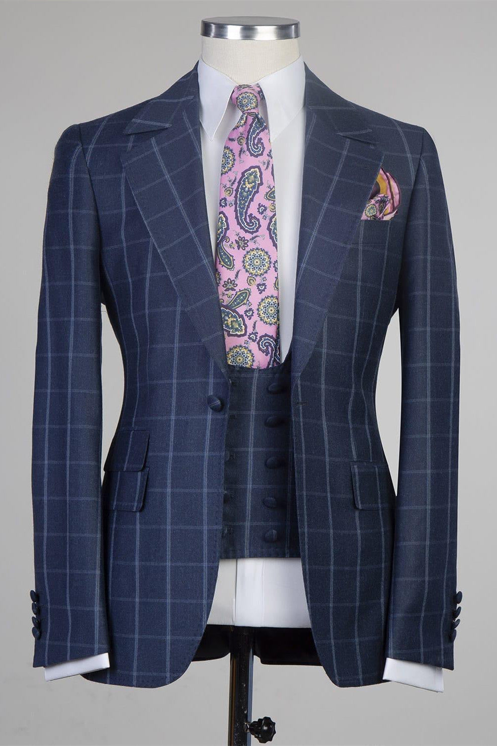 Stylish Navy Plaid Slim Fit Tailored Men Suit For Business