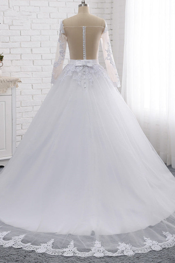 Load image into Gallery viewer, Stylish Off-the-Shoulder Long Sleeves Wedding Dress Tulle Lace Appliques Bridal Gowns with Beadings On Sale-27dress
