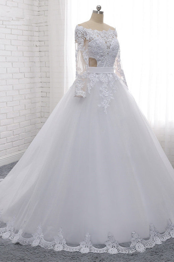 Load image into Gallery viewer, Stylish Off-the-Shoulder Long Sleeves Wedding Dress Tulle Lace Appliques Bridal Gowns with Beadings On Sale-27dress
