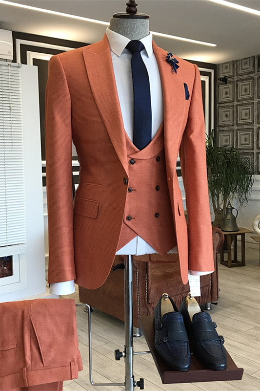 Stylish Orange Peaked Lapel Three Pieces Prom Suits For Men