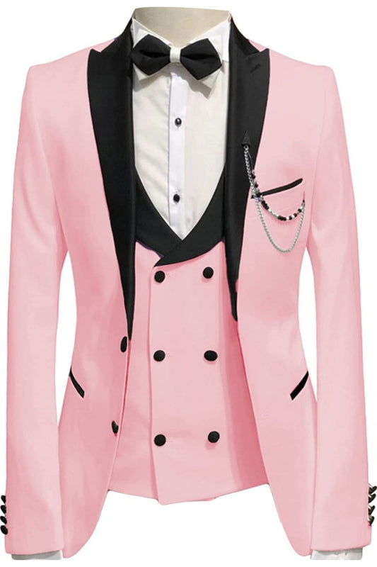 Stylish Peaked Lapel Three Pieces Pink Prom Suits