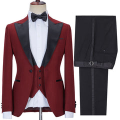 Stylish Three Pieces Best Fitted Peaked Lapel Red Prom Suits