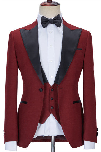 Stylish Three Pieces Best Fitted Peaked Lapel Red Prom Suits