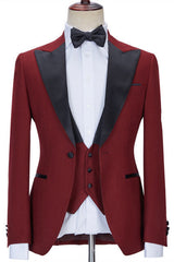Stylish Three Pieces Best Fitted Peaked Lapel Red Prom Suits