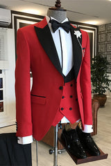Stylish Three Pieces Red Prom Suits With Black Peaked Lapel