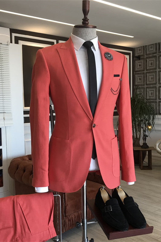 Stylish Rose Peaked Lapel Two Pieces Red Prom Suits