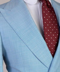 Stylish Sky Double Breasted Peaked Lapel Men Blue Business Suits