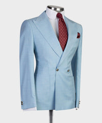 Stylish Sky Double Breasted Peaked Lapel Men Blue Business Suits