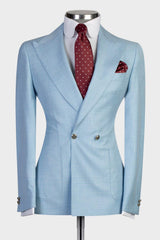 Stylish Sky Double Breasted Peaked Lapel Men Blue Business Suits