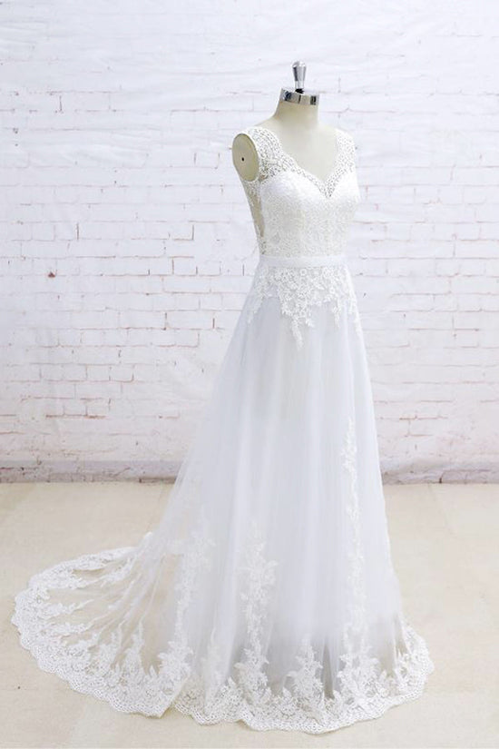 Load image into Gallery viewer, Stylish Sleeveless Straps V-neck Wedding Dresses White A-line Tulle Bridal Gowns With Appliques On Sale-27dress
