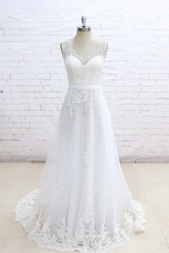 Load image into Gallery viewer, Stylish Sleeveless Straps V-neck Wedding Dresses White A-line Tulle Bridal Gowns With Appliques On Sale-27dress
