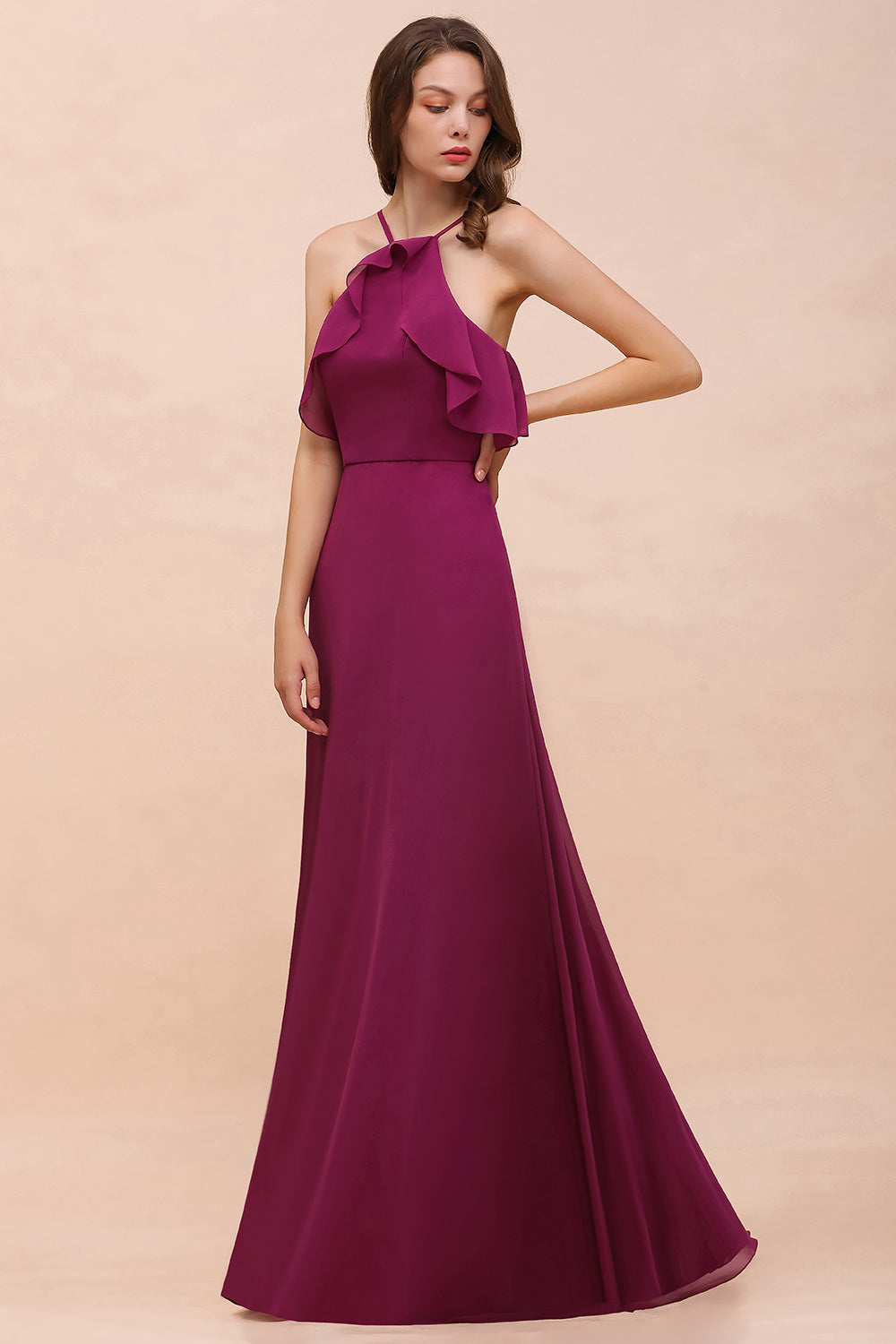 Stylish Spaghetti Straps Mulberry Chiffon Bridesmaid Dress with Ruffles-27dress