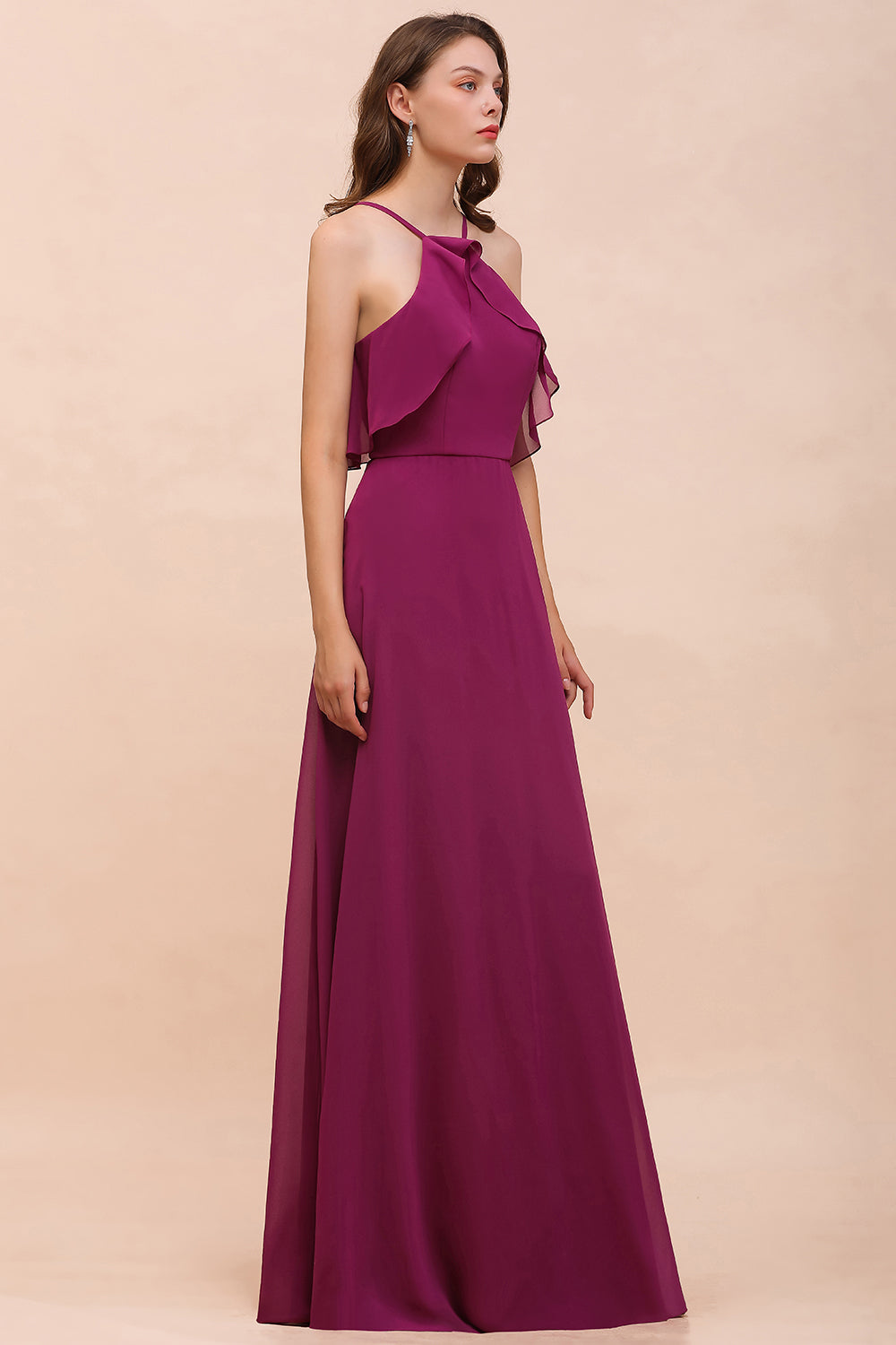 Stylish Spaghetti Straps Mulberry Chiffon Bridesmaid Dress with Ruffles-27dress