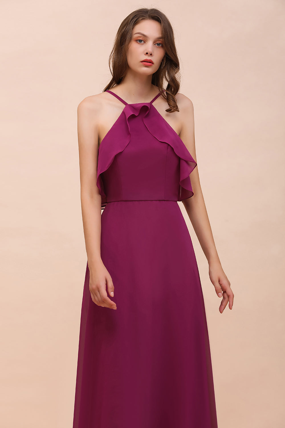 Stylish Spaghetti Straps Mulberry Chiffon Bridesmaid Dress with Ruffles-27dress