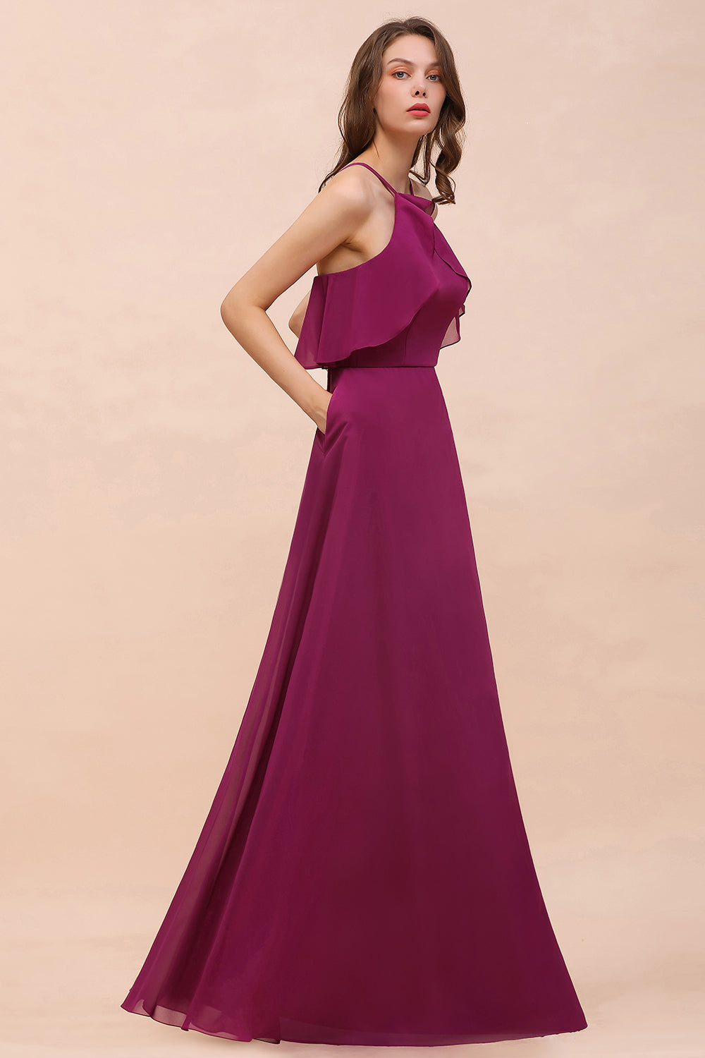 Stylish Spaghetti Straps Mulberry Chiffon Bridesmaid Dress with Ruffles-27dress