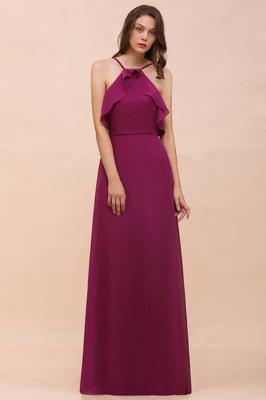 Load image into Gallery viewer, Stylish Spaghetti Straps Mulberry Chiffon Bridesmaid Dress with Ruffles-27dress
