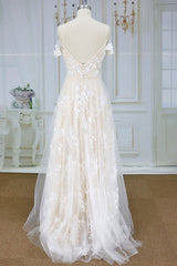 Stylish Spaghetti Straps Off-the-shoulder Appliques Wedding Dresses A-line Tulle Lace Bridal Gowns On Sale-27dress