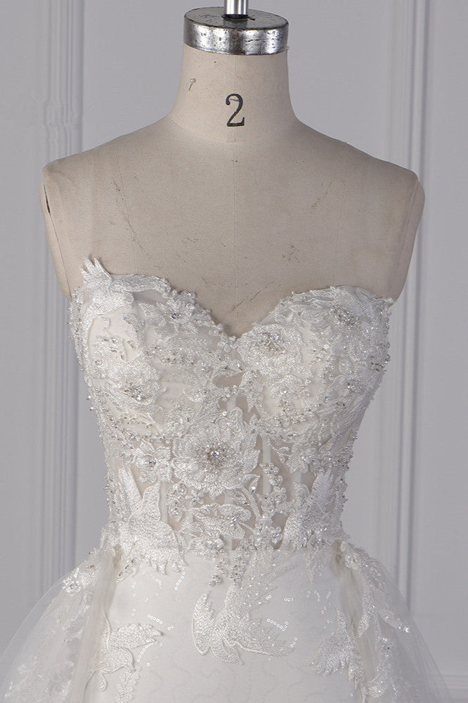 Stylish Strapless Tulle Lace Wedding Dress Sweetheart Appliques Bridal Gowns with Overskirt On Sale-27dress