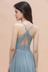 Stylish Straps V-Neck Chiffon Lace Dusty Blue Bridesmaid Dress On Sale-27dress