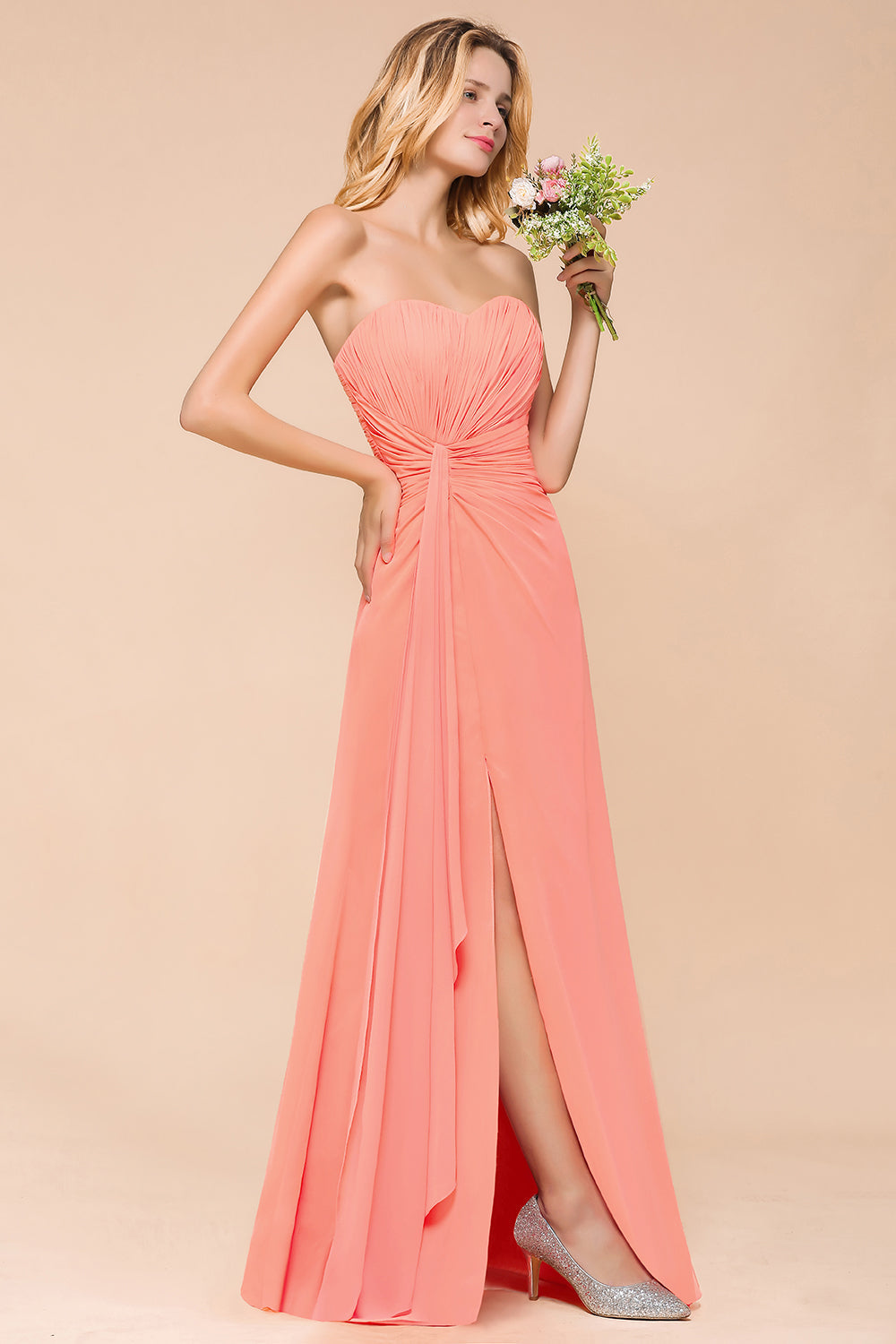 Stylish Sweetheart Ruffle Affordable Coral Chiffon Bridesmaid Dresses Online-27dress