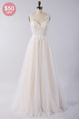 Stylish V-neck Straps Tulle Wedding Dress Appliques A-line Ruffles Bridal Gowns On Sale-27dress