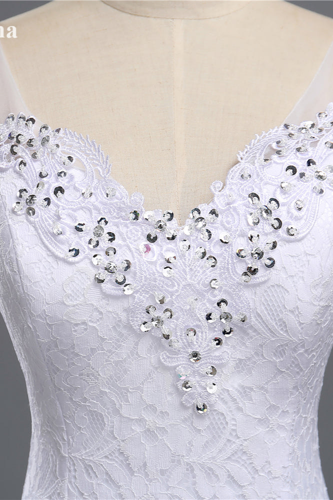 Stylish V-Neck White Lace Mermaid Wedding Dress Appliques Sleeveless Sequins Bridal Gowns-27dress