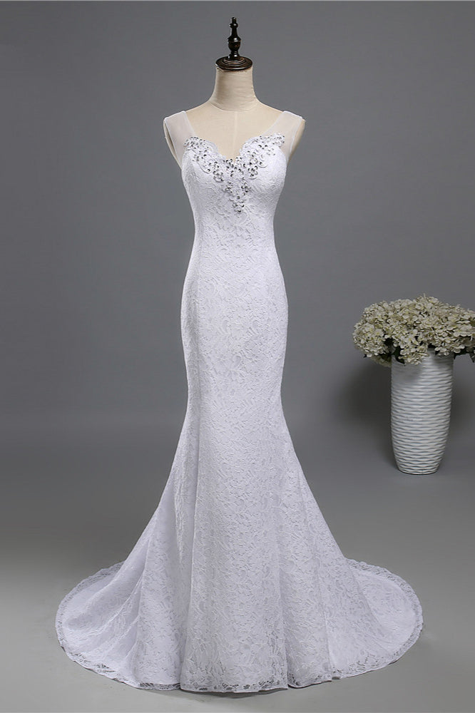 Stylish V-Neck White Lace Mermaid Wedding Dress Appliques Sleeveless Sequins Bridal Gowns-27dress