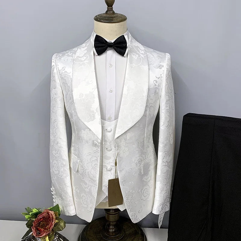 Stylish Jacquard Shawl Lapel Slim Fit White Wedding Suits