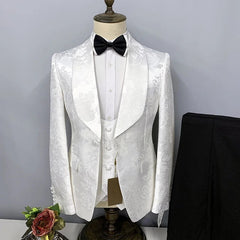 Stylish Jacquard Shawl Lapel Slim Fit White Wedding Suits