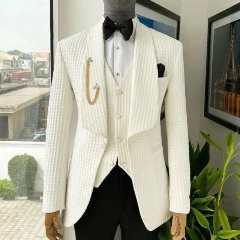 Stylish Plaid Shawl Lapel Three Pieces White Wedding Suits