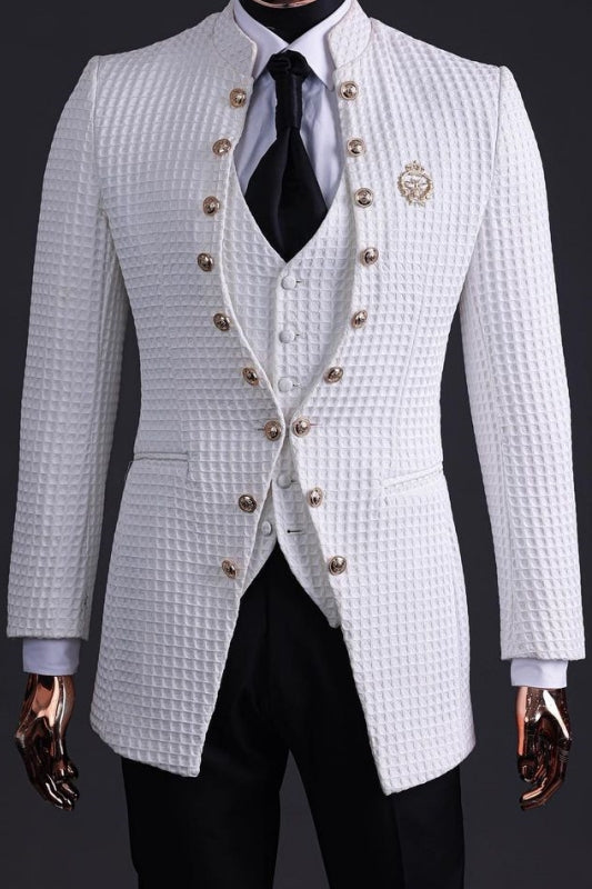 Stylish White Plaid Three Pieces Men Suits For Prom