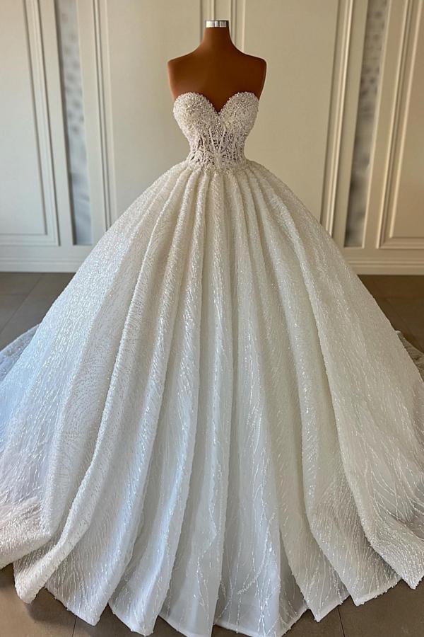 Sweetheart Ball Gown Wedding Dress Lace With Pearls-27dress