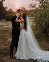 Sweetheart Champagne Wedding Dress Long Beach With Appliques-27dress