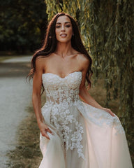 Sweetheart Champagne Wedding Dress Long Beach With Appliques-27dress
