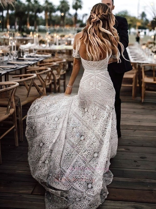 Sweetheart Lace Sweep Train Wedding Dress With Split Front Sheath/Column