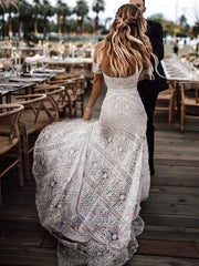Sweetheart Lace Sweep Train Wedding Dress With Split Front Sheath/Column