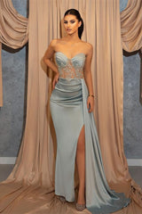 Sweetheart Light Blue Sleeveless Split Long Beadings Prom Dress With Ruffles