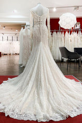 Sweetheart Long Sleeves Tulle Ivory Mermaid Wedding Dresses-27dress