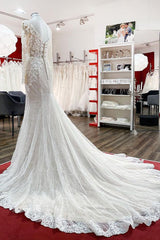 Sweetheart Long Sleeves Tulle Ivory Mermaid Wedding Dresses-27dress