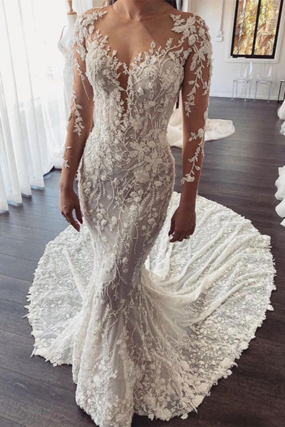 Sweetheart Mermaid Lace Wedding Dress with Cathedral Train-27dress