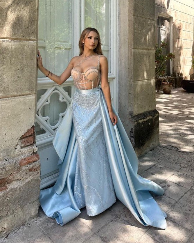 Sweetheart One-Shoulder Sleeveless Long Mermaid Prom Dress With Sequins And Embroidery HF0011