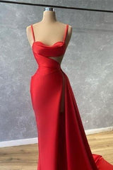 Sweetheart Red Spaghetti Strap High Split Mermaid Prom Dress With Ruffles