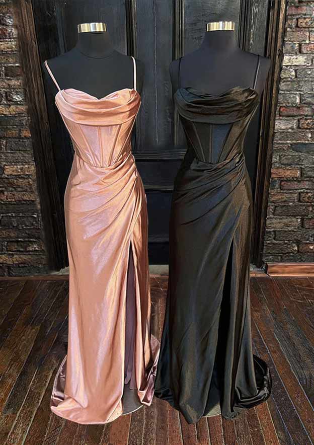 Load image into Gallery viewer, Sweetheart Sleeveless Prom Dress with Split Ruffles and Silk like Satin Sweep Train Sheath/Column-27dress
