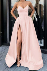 Sweetheart Strapless Sleeveless Long Prom Dress Purple Split With Pockets