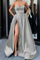 Sweetheart Strapless Sleeveless Long Prom Dress Purple Split With Pockets