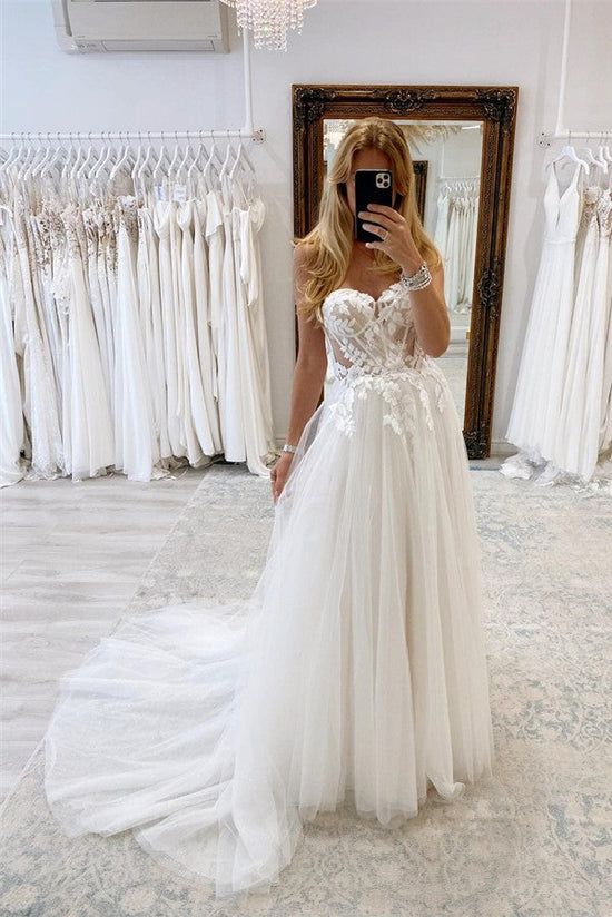 Sweetheart Tulle Wedding Dress Long With Lace Appliques-27dress