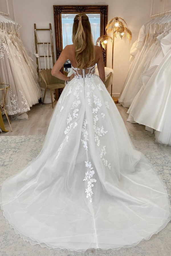 Sweetheart White Wedding Dress Princess Long Slit With Appliques-27dress