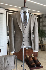 Taupe Peaked Lapel Slim Fit Three Pieces Business Suits