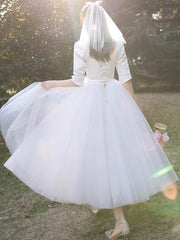 Tea-length Ball Gown Wedding Dress with Square Neckline and Pockets