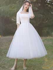 Tea-length Ball Gown Wedding Dress with Square Neckline and Pockets